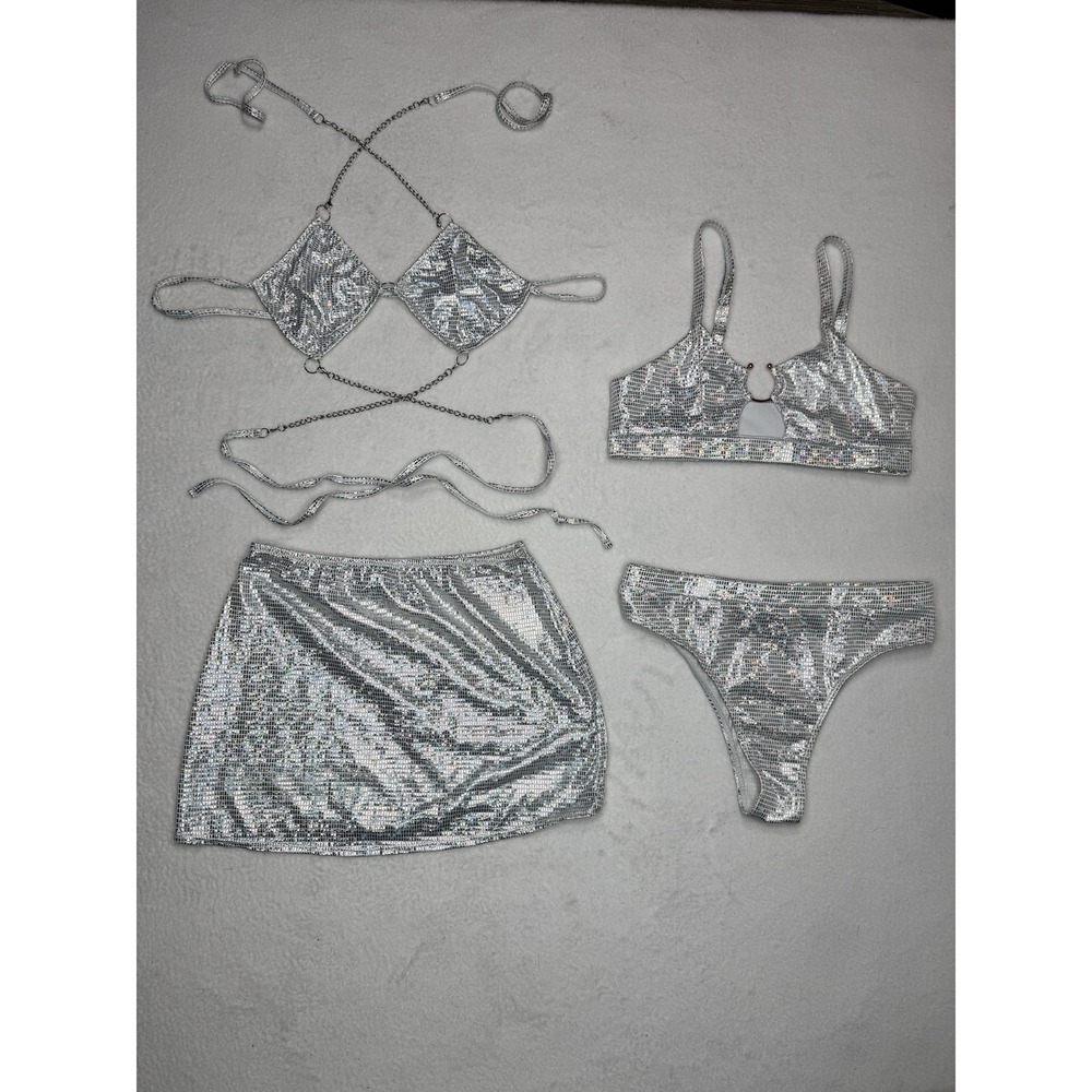Sz S Silver Metallic 4 Piece Rave Festival Outfit Set Chain Bikini